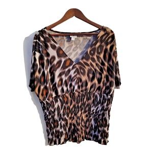 Worthington Stretch Leopard‎ Print V Neck Dolman Sleeve Top Women's L